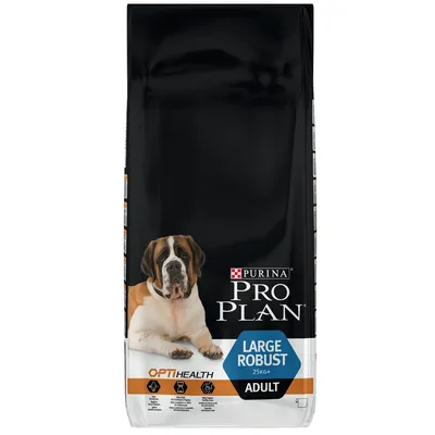 Sacchetto di crocchette Purina Pro Plan Large Robust 25 kg+ Adult, immagine di un cane grande sulla confezione, testo visibile: OptiHealth, Adult.