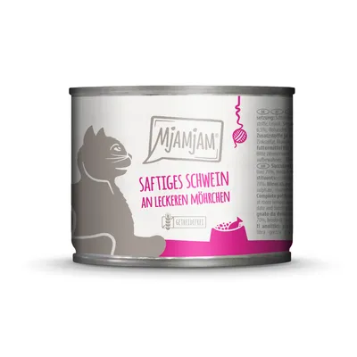 Mjamjam Nassfutter für Katzen, Sorte: Saftiges Schwein an leckeren Möhrchen, getreidefrei. Verpackung zeigt Katze und Futterschale.