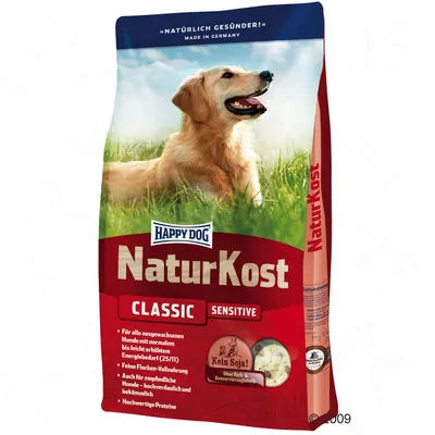 Happy Dog NaturKost Classic Sensitive kutyatáp csomagolás, feliratok: Kein Soja!, Für alle ausgewachsenen Hunde, Hochwertige Proteine, Made in Germany, érzékeny kutyáknak is.