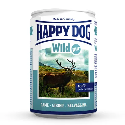 Lata de comida para perros Happy Dog Wild pur, 100 % proteína animal, Made in Germany. Texto visible: GAME · GIBIER · SELVAGGINA.