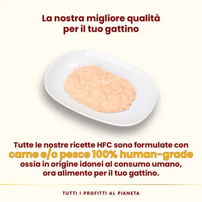 La nostra migliore qualità per il tuo gattino. Tutte le nostre ricette HFC sono formulate con carne e/o pesce 100% human-grade, ora alimento per il tuo gattino. Tutti i profitti al pianeta.