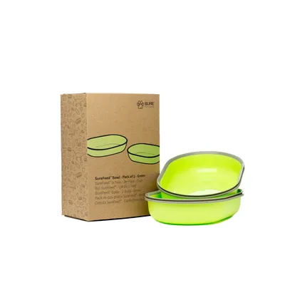 SureFeed Schale, 2er-Pack, grün. Verpackung mit Produktabbildung und zwei grünen Schalen aus Kunststoff sichtbar.