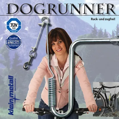 Dogrunner велосипедный держатель для собак, TÜV-сертифицирован, без рывков и тяги. Логотип Kleinmetall виден.