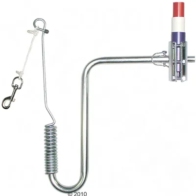 Metal bracket with spring, carabiner and mount for bicycle handlebars. Accessory for secure attachment of dog leads to a bicycle.