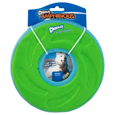 Chuckit! Amphibious Zipflight Medium. Groene en blauwe drijvende frisbee met tekst 'Can't pop, won't sink'.