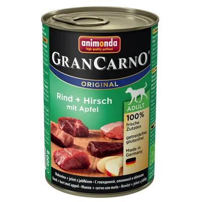 Konzerva animonda GranCarno Original Rind + Hirsch mit Apfel, hovädzie a jelenie s jablkami, 400 g. Adult, 100 % čerstvé ingrediencie, bez obilnín a lepku, vyrobené v Nemecku.