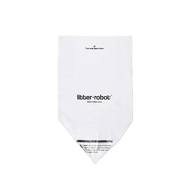Sac en plastique blanc avec texte « litter-robot » et « litter-robot.com », mention « Tear and Open Here » en haut, avertissement visible en bas.