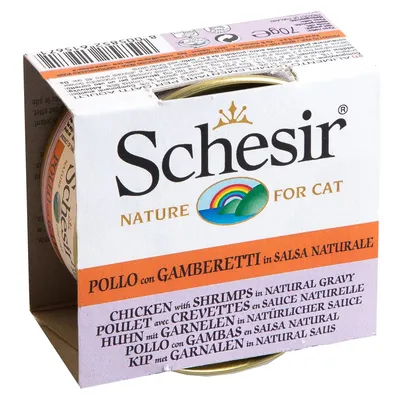 Schesir Nature for Cat. Pollo con gamberetti in salsa naturale. Confezione con descrizione multilingue del prodotto.