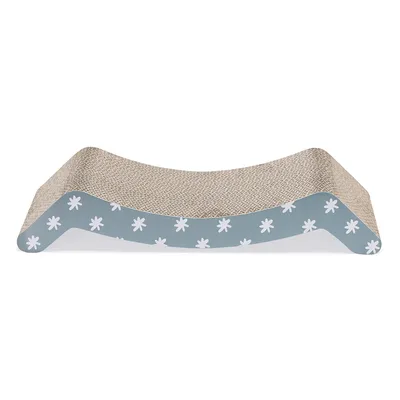 Griffoir ondulé en carton avec base bleue décorée de fleurs blanches, surface texturée visible pour l’usure des griffes.