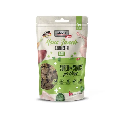 MAC's Mono Snack Kaninchen Rabbit, Super Snack for Dogs, sachet 100 g, Made in Germany, icônes sans céréales, mono-protéine, adapté à tous chiens, fenêtre montrant les snacks.