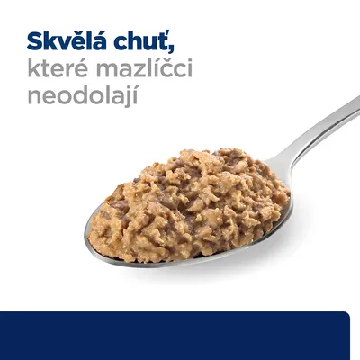Text v češtine: Skvělá chuť, které mazlíčci neodolají. Lyžica s mäsovou paštétou pre domáce zvieratá.