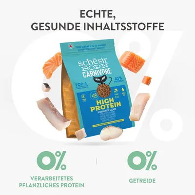 Schesir Born Carnivore High Protein Hering mit Lachs, 43% Protein, 0% verarbeitetes pflanzliches Protein, 0% Getreide. Echte, gesunde Inhaltsstoffe.