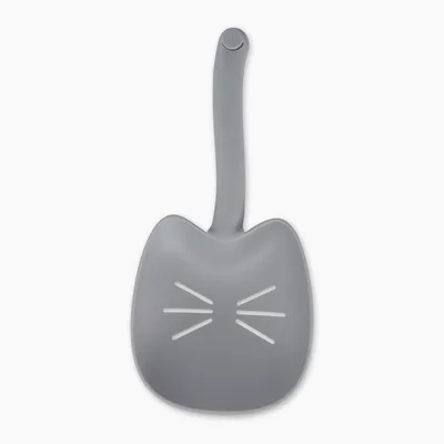 Grey cat litter scoop with cat-shaped design and slots for easy cleaning. Handle with 'Catit' print.