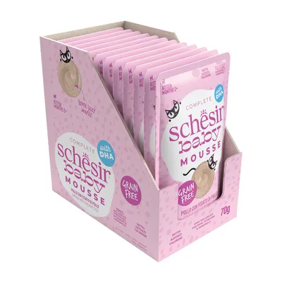Schesir Baby Mousse, gabonamentes, DHA-val és taurinnal, 2 hónapos kortól kiscicáknak. Íz: csirke csirkemájjal, 70g csomag.