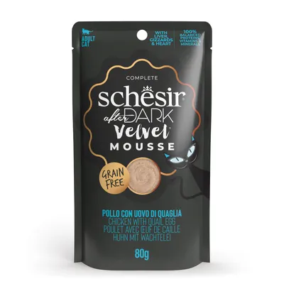Schesir After Dark Velvet Mousse, csirke fürjtojással, gabonamentes, 80g. Felnőtt macskáknak, májjal, zúzával és szívvel, 100% kiegyensúlyozott fehérjék, vitaminok és ásványi anyagok.