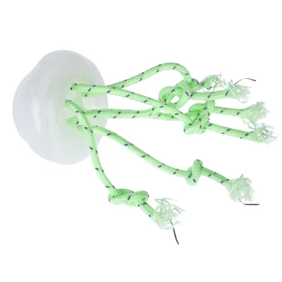 Legetøj med hvid plastkrop og flere grønne reb med knuder og frynser.