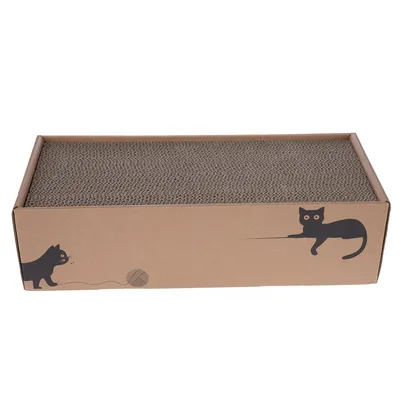 Katzenkratzbrett aus Pappe in rechteckiger Form, mit schwarzem Katzendesign und Wollknäuel auf der Verpackung.