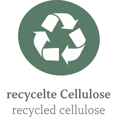 Recycelte Cellulose. Symbol für Recycling mit Pfeilen in einem Kreis.