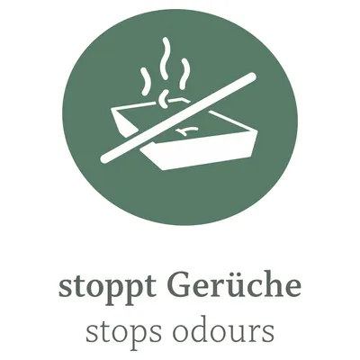 Symbol mit Katzentoilette und durchgestrichenen Geruchswellen. Text: stoppt Gerüche, stops odours.