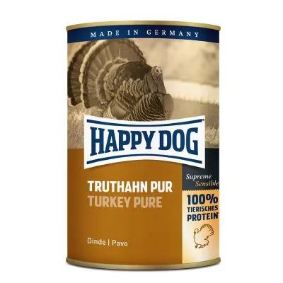 Scatola Happy Dog Truthahn Pur Turkey Pure, Supreme Sensible, 100% tierisches Protein, Made in Germany. Testo anche in inglese, francese e spagnolo: Dinde, Pavo.