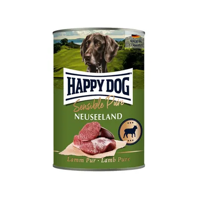 Happy Dog Sensible Pure Neuseeland konzerv, Lamm Pur/Lamb Pure felirattal, kutya képe, bárányhús szeletek, Made in Germany jelzés látható a dobozon.