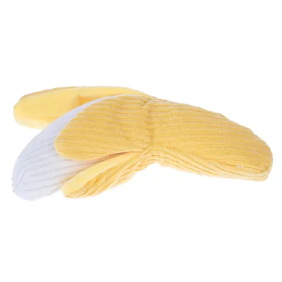 Gult och vitt plyschleksak i bananform med räfflad yta.