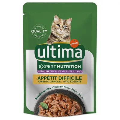 Ultima Expert Nutrition voor gesteriliseerde katten, Appétit Difficile. Met hoogwaardige ingrediënten. Recept op de achterkant.
