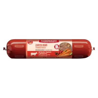 Fleischeslust Zartes Rind Tender Beef, полнорационный корм с морковью, шиповником и тыквенными семечками. 75% мяса, без зерна, богат белком.