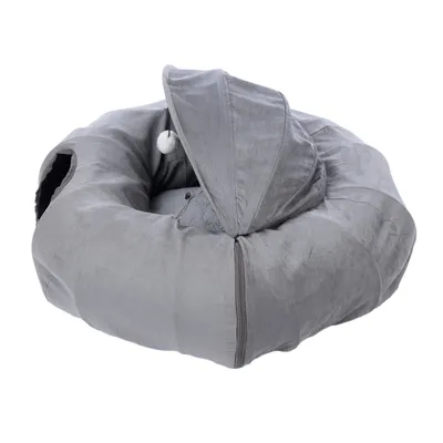 Grey, round pet bed with removable hood and integrated toy ball. Soft material for visible comfort.