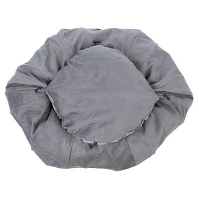 Grey, round pet bed with zips and soft surface. Visible padding for comfort.