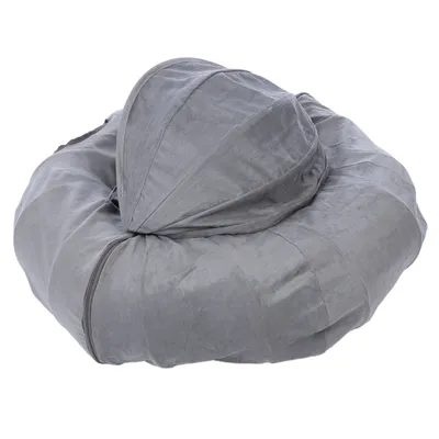 Grey, round pet bed with hood and zip, suitable for comfortable lying.
