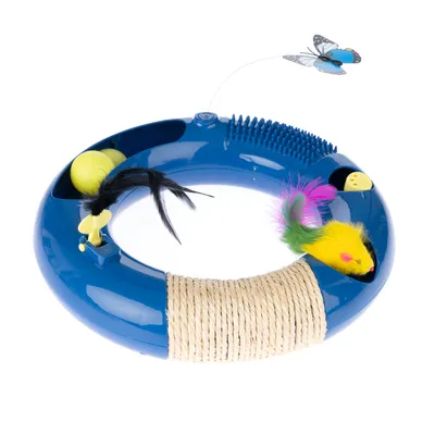 Toy ring made of blue plastic with sisal rope, yellow ball, feather, colourful mouse and butterfly on wire. Includes brush area for grooming.