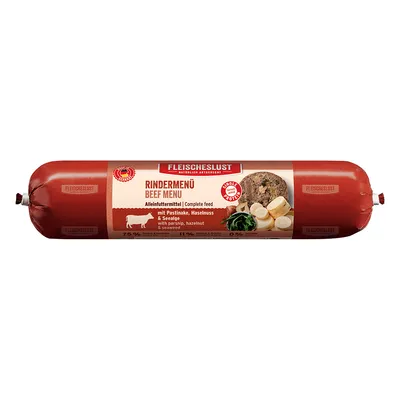 Fleischeslust Rindermenü, Alleinfuttermittel mit Pastinake, Haselnuss und Seealge. 75% Fleisch, 11% Gemüse, 0% Getreide. Hoher Proteingehalt.