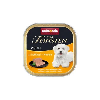 Animonda Vom Feinsten Adult cu carne de pasăre și paste. Hrană umedă pentru câini, porție prezentată pe farfurie neagră.