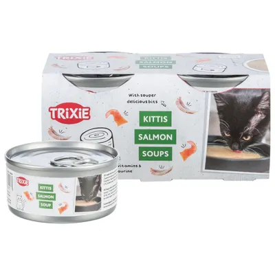 Boîte et emballage Trixie Kittis Salmon Soups, texte visible : 'With souper delicious bits', 'Kittis Salmon Soups', photo d’un chat noir léchant de la soupe.