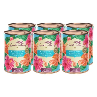 Lot de 6 boîtes Terra Canis Waikiki Woof, texte visible : Lachs mit Quinoa, Mango & Hibiskus, 100 % food quality, illustration florale sur l’emballage.