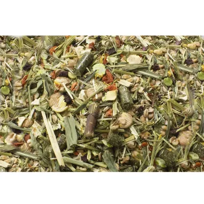 Mélange d’aliments pour rongeurs composé de morceaux de légumes séchés, granulés verts, graines et herbes visibles.