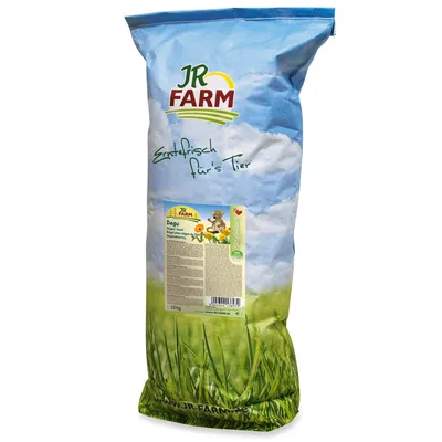 JR Farm Degufutter, Erntefrisch für's Tier, 10kg Sack. Verpackung mit grüner Wiese und blauem Himmel. Enthält Zutatenliste und Produktinformationen.