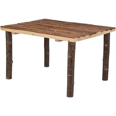 Mesa de madera natural con cuatro patas y superficie rectangular, adecuada para pequeños animales o decoración.
