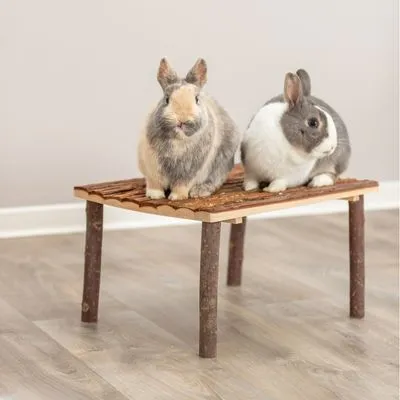 Dois coelhos sentados numa plataforma elevada feita de madeira natural, com quatro pernas e superfície de ramos. Produto para pequenos animais visível em ambiente interior.