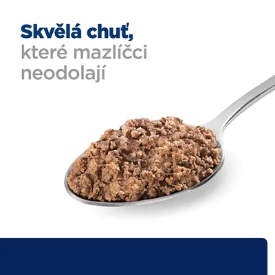 Lžíce s masovou směsí, text: Skvělá chuť, které mazlíčci neodolají.