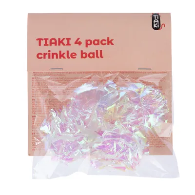 Emballage de 4 balles froissables TIAKI, texte visible : « TIAKI 4 pack crinkle ball », balles en matériau plastique irisé sous sachet transparent.