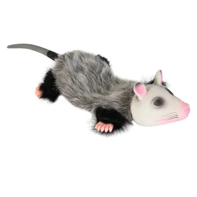 Toy in the shape of an opossum with grey fur, black paws and pink details on nose and ears.