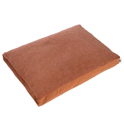 Coussin rectangulaire pour animal, dessus en tissu bouclé marron, côtés en tissu uni, sans motifs ni texte visible.