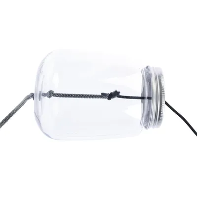 Transparentes Glas mit Schraubdeckel und durchgezogenem grauen Seil, geeignet für Spiel- oder Trainingszwecke.