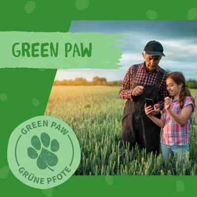 Texte visible : GREEN PAW, GREEN PAW GRÜNE PFOTE avec une empreinte de patte. Texte en anglais et allemand.
