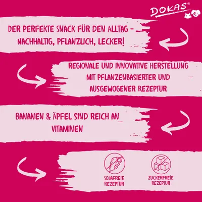 Texte en allemand : snack parfait, durable, végétal, savoureux ; fabrication régionale et innovante, recette équilibrée ; bananes et pommes riches en vitamines ; recette sans soja ni sucre.