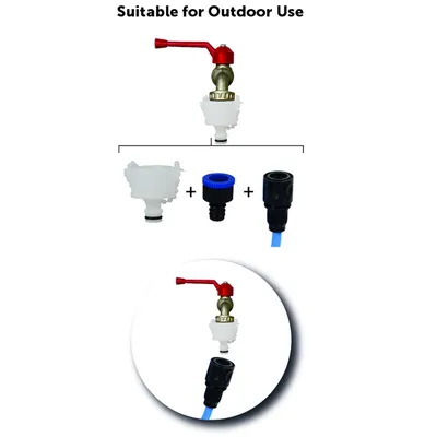 Outdoor-Wasserhahn-Set mit rotem Hebel, weissem Adapter und schwarzen Anschlüssen. Geeignet für den Aussenbereich.