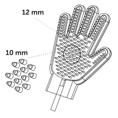 Diagramm eines Pflegehandschuhs mit Noppen. Noppenlänge: 12 mm und 10 mm, dargestellt mit Massangaben.