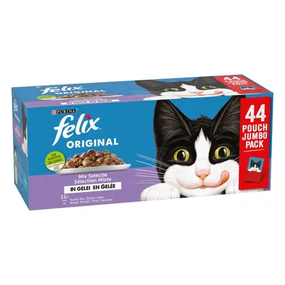 Purina Felix Original Mix Selection în aspic, pachet jumbo 44 plicuri. Sortimente: vită, pui, ton, somon.